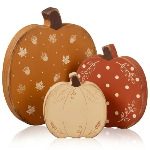 Wooden Pumpkin Fall Decor Set - 3 Distressed Rustic Autumn Pumpkins with Seasonal Prints - Pumpkin Variation