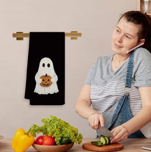Dark Academia Ghost Pumpkin Kitchen Towels - Black Halloween Dish Hand Towel