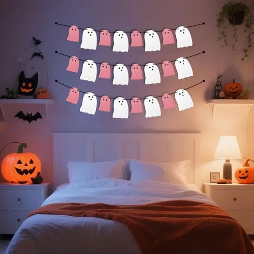 Halloween Ghost Banner Decor Set - Pink & White Hanging Ghost Garlands for Indoor Party & Home
