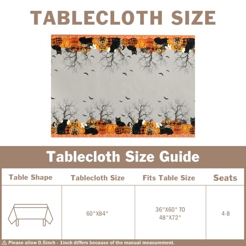 Halloween Tablecloth 60x84 Inch Rectangular Black Cat & Pumpkins Reusable Washable
