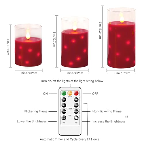 Nimiko Red Flameless Candles Set of 3 Glass Wax LED Candle with Flickering Flame