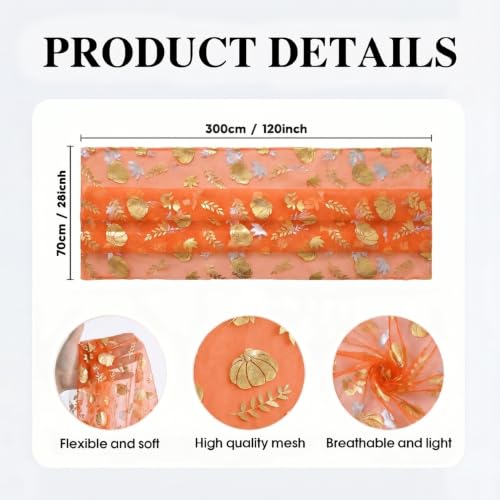 6-Pack Fall Gauze Table Runners 28x120 Inch with Metallic Foil Leaves - Orange Gold