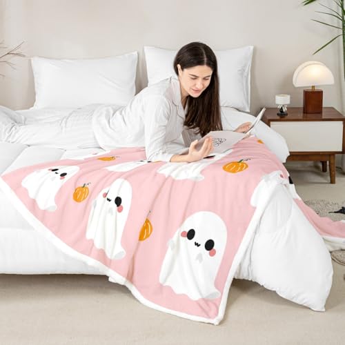 Queen Size Halloween Throw Blanket - Cartoon Ghost & Pumpkin Fleece 90x90 Inches - Multi 21