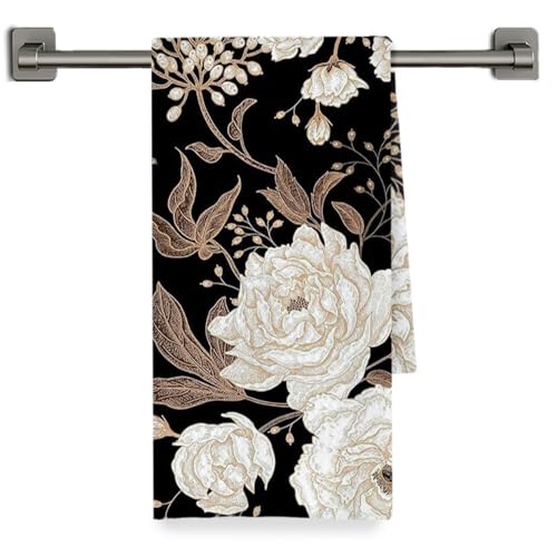 Decorative Floral Kitchen Towels Set - Black White Gold Peony 16x24 Inch