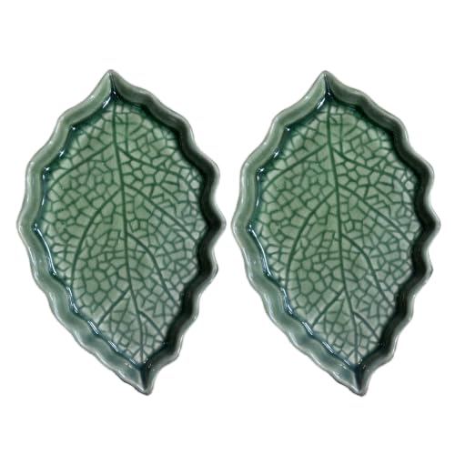 Green Leaf Ceramic Spoon Rest - Ice Crackle Pattern, 2 Pack, Kitchen Counter & Stove Top Decor