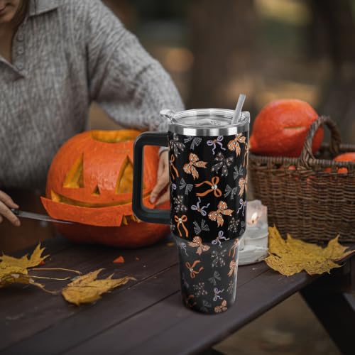 Halloween 40oz Tumbler with Handle Goth Skull Bow Candy Corn Spiderweb Coffee Travel Mug - Black+Pink