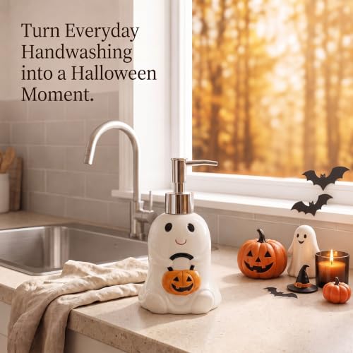 Potchen Ghost and Pumpkin Ceramic Soap Dispenser Halloween Decor - Whimsical Pump for Bathroom & Kitchen