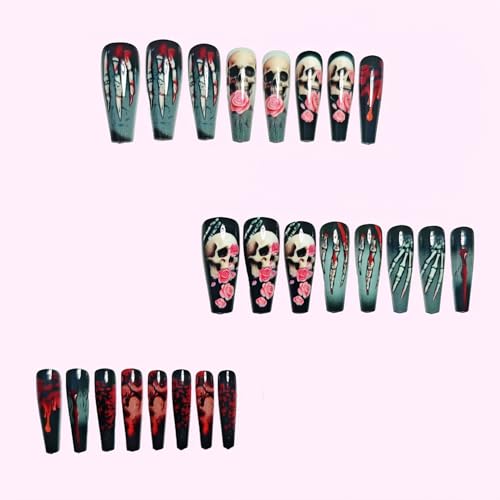 Halloween Press on Nails Coffin Fake Nails with Rose Skull Blood Horror Design - Variation of THIS listing