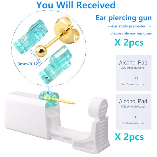 YINPAD 2 psc Ear Piercing Kit, Disposable ear piercing gun tool, pre-installed with gold 3mm pea earrings, at Home Self Piercing Kit (Little golden ball)