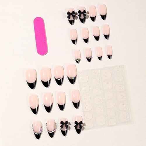 Press On Almond Nails - Fake Full Cover Black Bow Tips, Medium, 15 Piece Variation