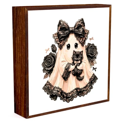 Halloween Wooden Sign Decor - Ghost Cat Variation, 5x5 Inches