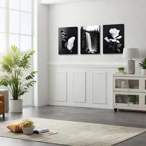 Black and White Butterfly and Flowers Wall Art - Ready to Hang Landscape Decor