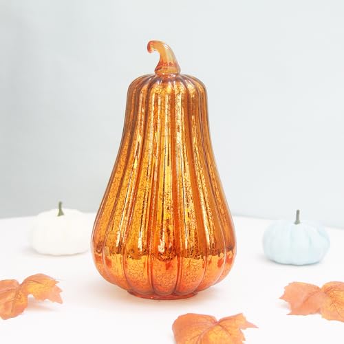 Mercury Glass Pumpkin Lights with Timer - Gold, 11 Inch Fall Halloween Decor