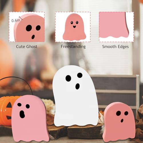 Pink Ghost Wooden Decorations Halloween Indoor Table Decor Set - Cute Ghosts