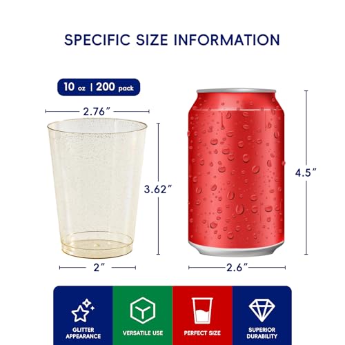 Disposable Plastic Cups with Glitter - 10 oz Gold Party Cups, 200 Pack - Variation of Glitter / 200