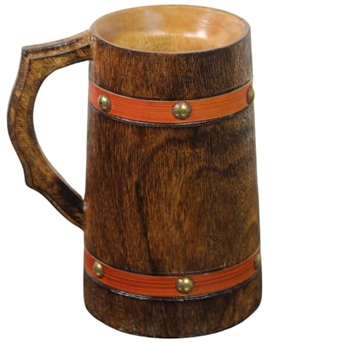Rustic Wooden Beer Mug with Orange Leather Strap - Handmade Viking Steinkrug for Coffee Tea Ale
