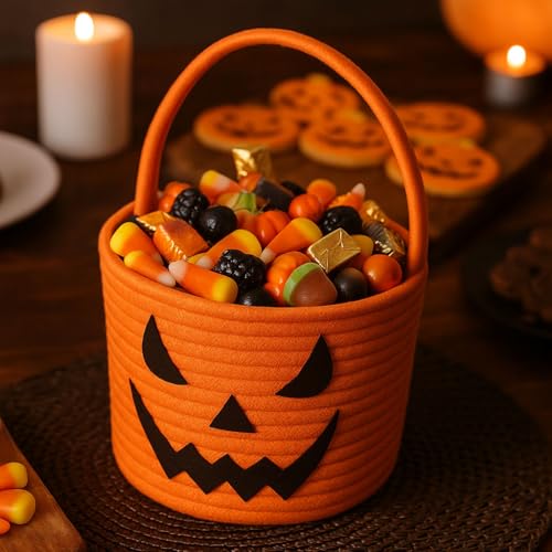Halloween Trick or Treat Basket - Durable Cotton Rope Candy Container, 6.3x9 Inches