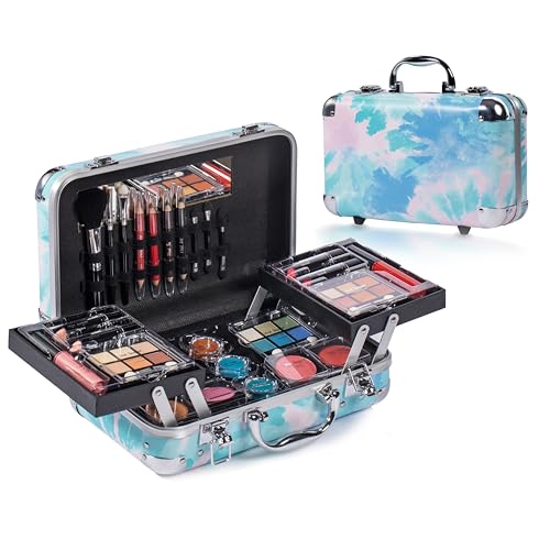 All-in-One Makeup Set with Blue Tie-Dye Case for Beginners & Enthusiasts
