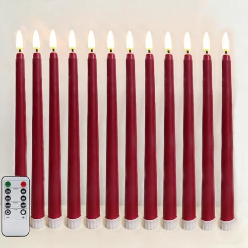 Burgundy Flameless Taper Candles with Remote Control - Set of 12 LED Candlesticks