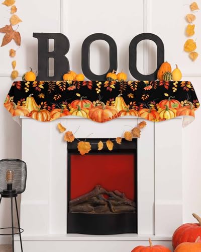 Mantel Scarf 70x17 Inch Fall Pumpkin Thanksgiving Autumn Leaves Fireplace Cover - Orange Red Black Variation