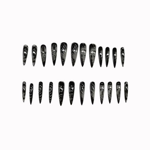 Halloween Black Press On Nails Long Stiletto A59 - Gothic Swirl Abstract Fake Nails Set