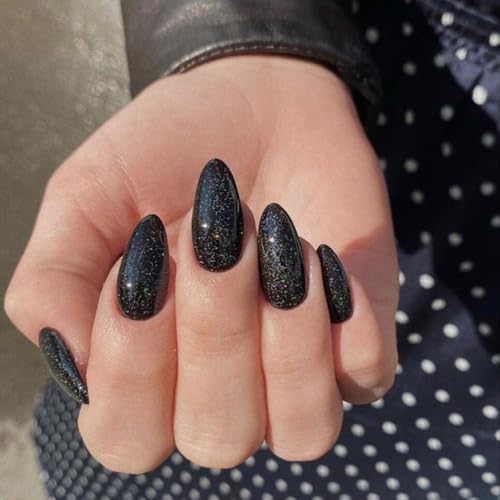 Modelones Black Glitter Press-On Nails Short Almond 32Pcs - Variation A7-Black