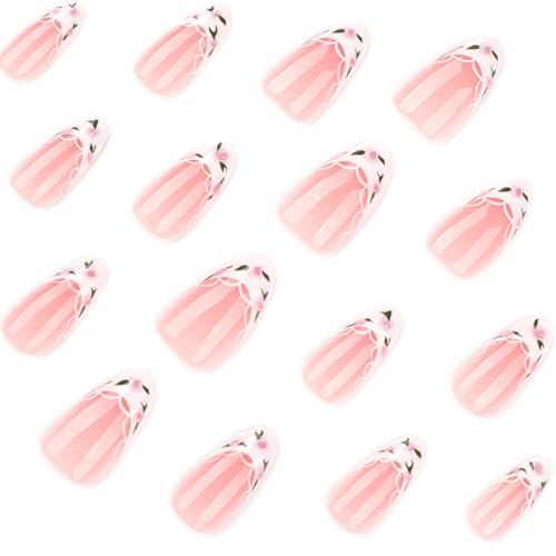 French Tip Press-On Nails Medium Almond with Lace Flowers - Style 1