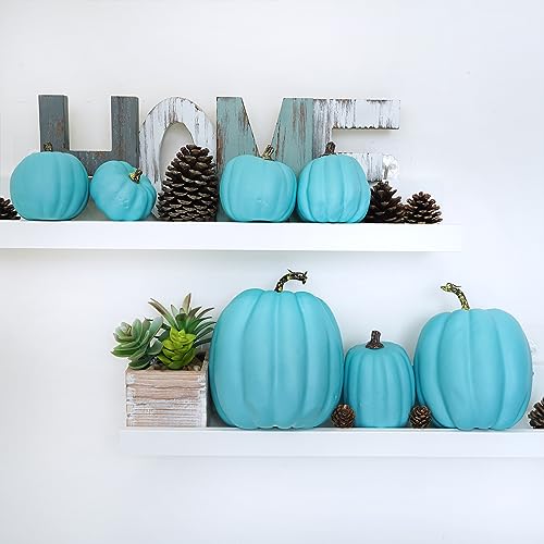Assorted Teal Blue Artificial Pumpkins Halloween Fall Decor - 7 Pcs, Coastal Style