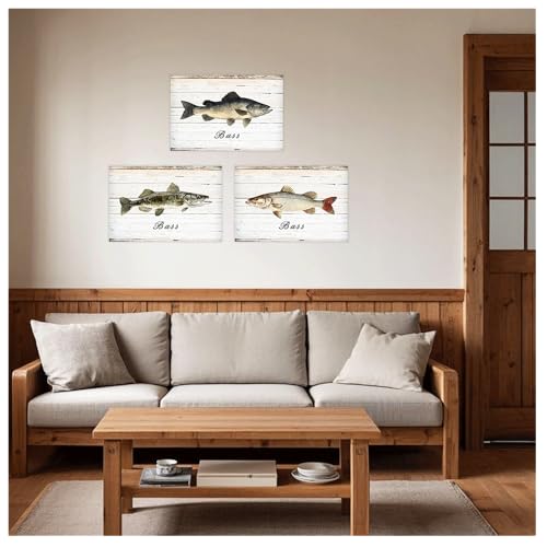 Fish Wall Art Canvas Prints 12x16 Inches - Rustic Bass Fish Decor 3-Piece