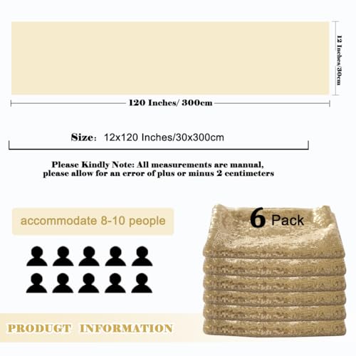 Champagne Gold Sequin Table Runner 12x120 Inches Pack of 6 for Holiday & Wedding Decor Variation of Champagne Gold / 12"W x 120"L