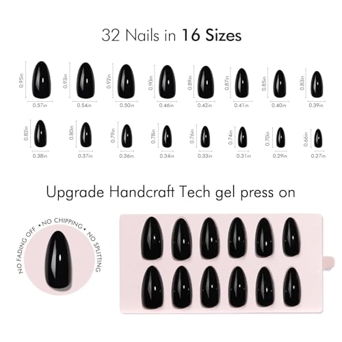 Enchanting Night Medium Black Almond Press-On Nails - Glossy Reusable False Nails Set with Glue & Cuticle Oil