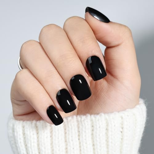 Black Press On Nails Square - Goth Short Fake Nails with Variation 6C - Pure Black
