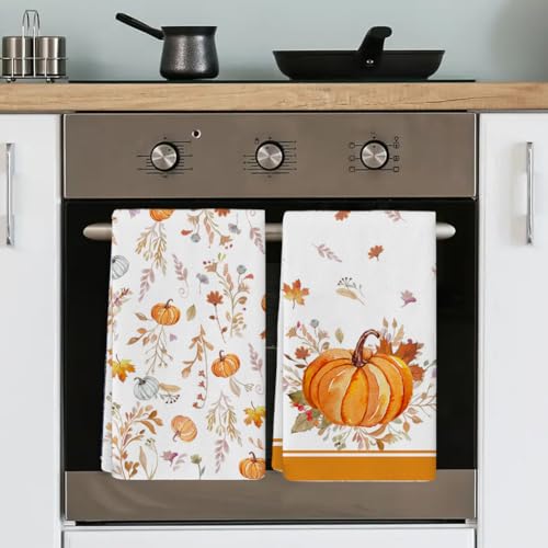 Orange Leaves Pumpkin Fall Kitchen Towels Set - Ultra-Soft Dish Towels, 2 Pack