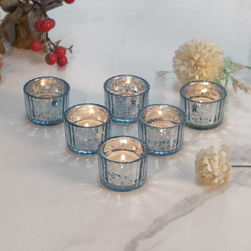 Blue Votive Candle Holders Set of 12 - Retro Embossed Glass Tea Light Decor