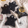Halloween Ghost Marble Coasters - Black & White Set, 4 Pieces with Silicone Feet
