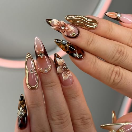 Press On Nails Long Fall Gift for Women - Flower & Swirl Design - Almond Shape