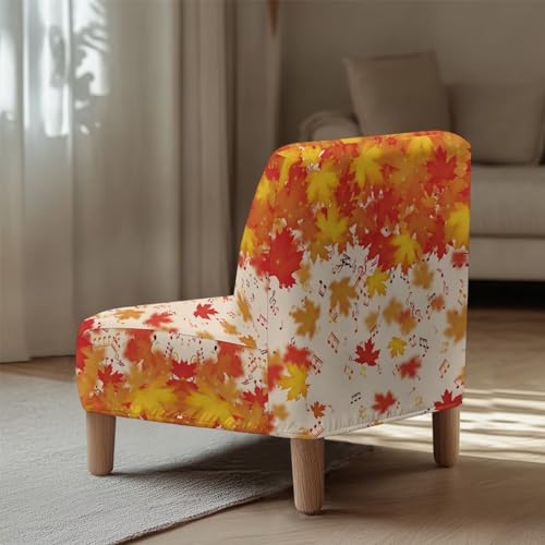 Stretch Armless Accent Chair Cover - Falling Maple Leaves Design, Furniture Protector for Living Room Thanksgiving