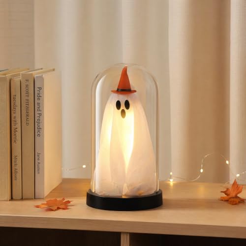 Light Up Ghost in Glass Cloche Halloween Decor - Yellow Hat Variant
