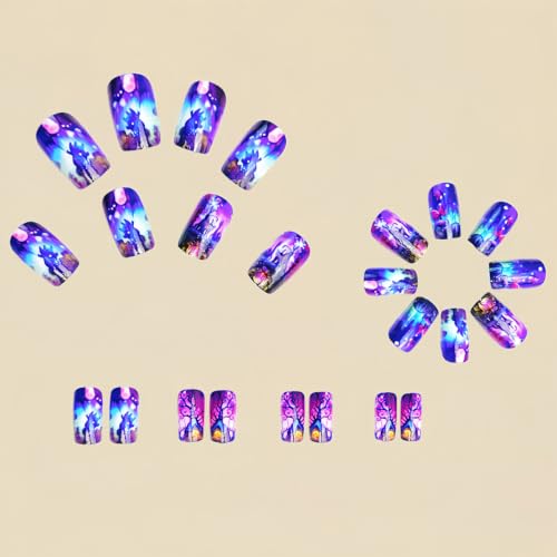 Halloween Short Square Press-On Nails with Witch & Forest Design - Style26