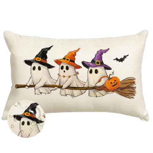 Halloween Ghost Pillow Cover Waterproof 12x20 Inch - White Bat Decor