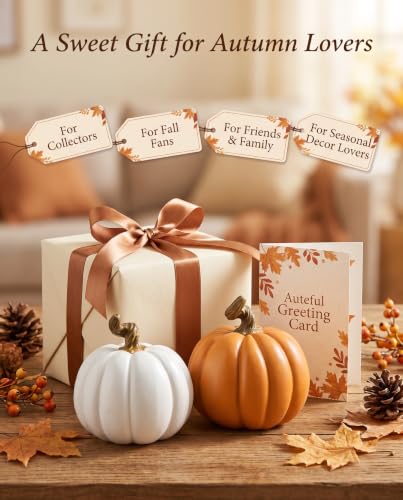 Set of 2 Fall Resin Pumpkin Decorations - White & Orange 4 Inch