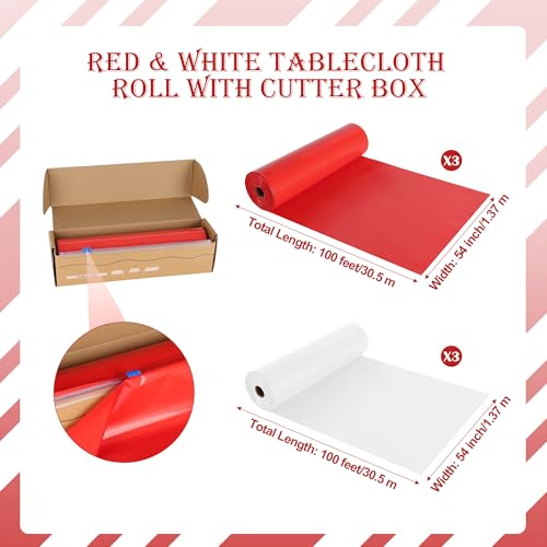 White & Red Carnival Plastic Tablecloth Roll 100FT x 54IN with Cutter Box - Heavy Duty