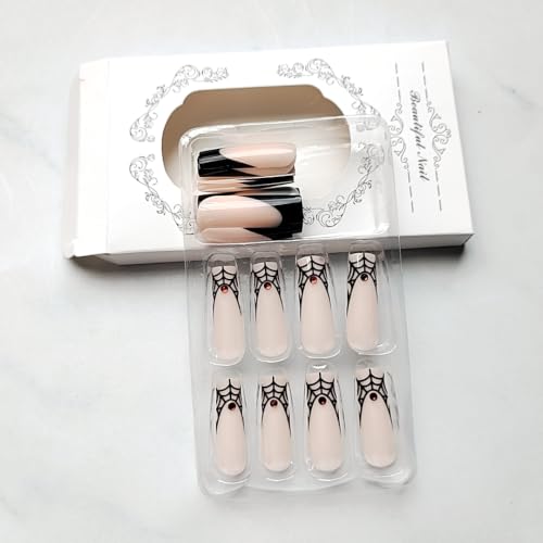 Halloween Press On Nails Long Square Black French Tip with Spider Web Design & Rhinestones - Variation W6, 24Pcs