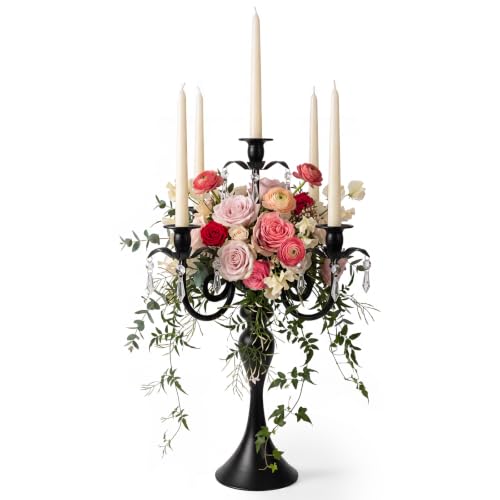 Black 20-Inch Crystal Pendant Taper Candle Holder - 5Arm Candelabra for Home Decor & Events - Variation: Black + 1