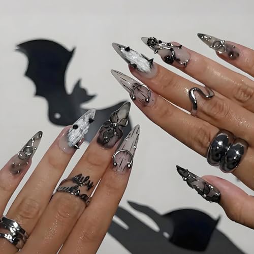 Gothic Handmade Press on Nails - Long Stiletto Black Fake Nails with 3D Rose Rivets - Variation Gothic Nails-7