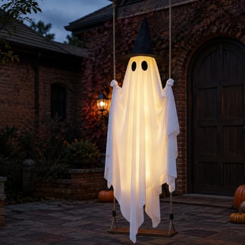 Large Outdoor Hanging Swing Ghost Halloween Decor - 5.3FT Light-Up Ghost