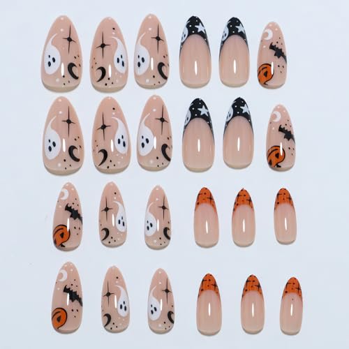 Halloween French Tip Press On Nails - Medium Almond Glitter Pumpkin Ghost Bat Design - 8-Cute Spooky Bat Variation