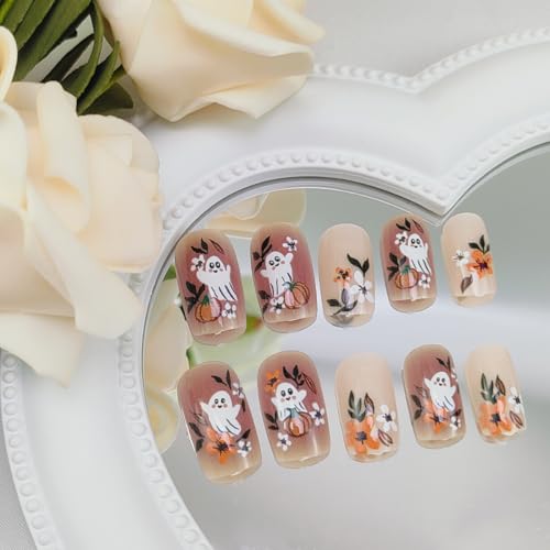 Halloween Ghost Press On Nails Medium Square Set - Cute Ghost Flower Pumpkin Design, Reusable 24Pcs for Women & Men