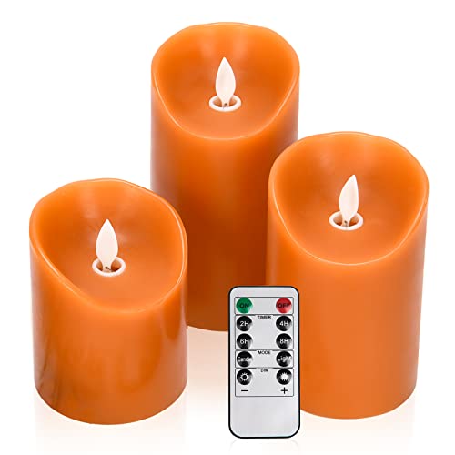 Flameless Flickering Candles Set with Remote Control - Pumpkin Color, 4, 5, 6 Inch
