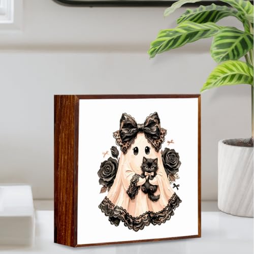 Halloween Wooden Sign Decor - Ghost Cat Variation, 5x5 Inches